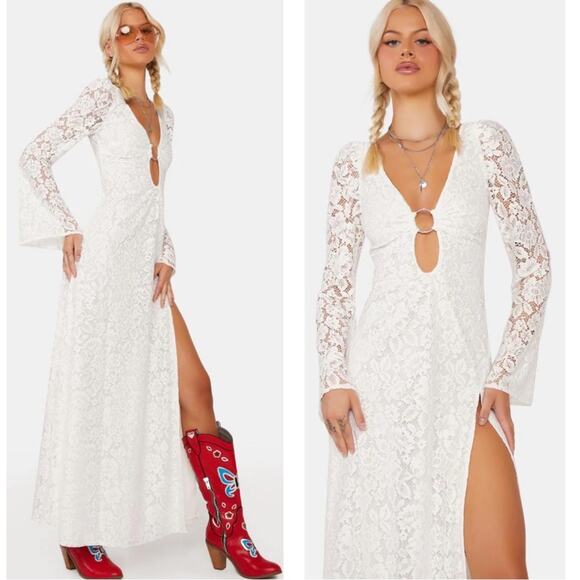 For Love & Lemons Frances Floral Lace Bell Sleeve White Maxi Dress Size XS - Picture 1 of 12